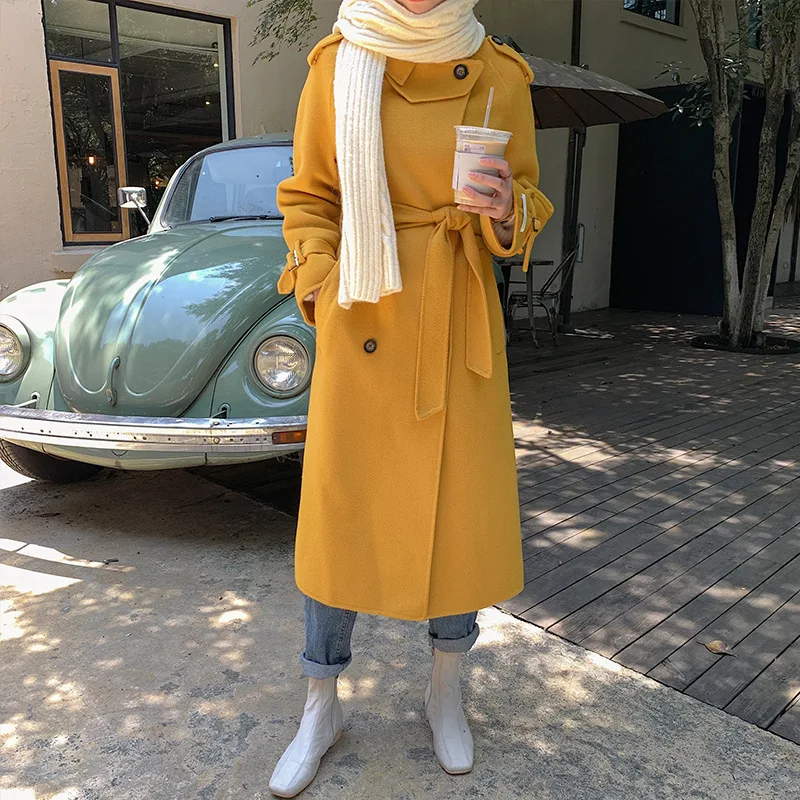 

Korean Winter 2020 High End Fashion Lapel Double Sided Lacing Belt Loose Long Plus Size Cashmere Jacket Women Wool Coat Overcoat
