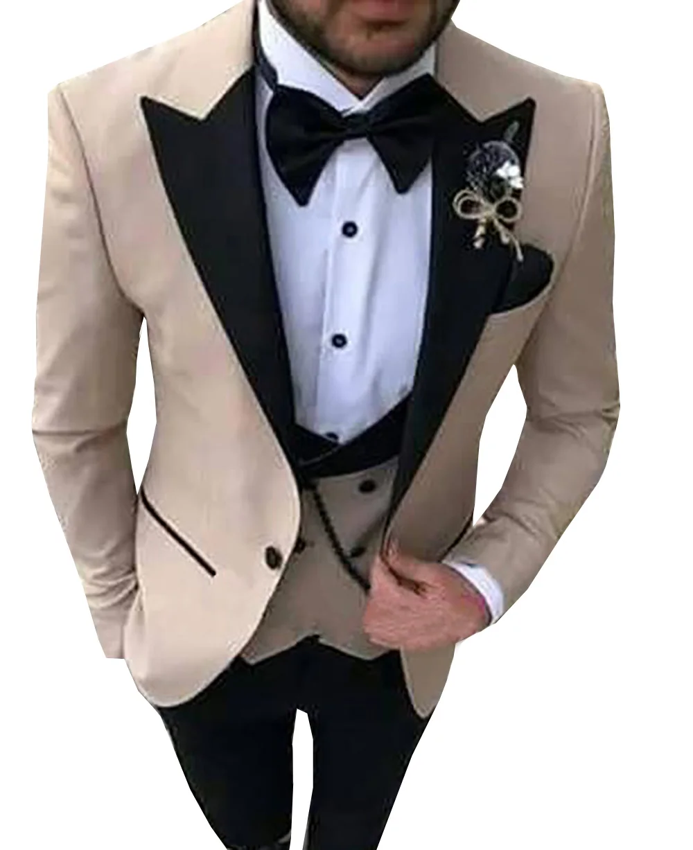 2018 New Men's Leisure Blue Suit 3 Pieces Double-breasted Vest Lapel Tuxedos Groomsme For Wedding Party (Blazer+Vest+Pants) | Мужская