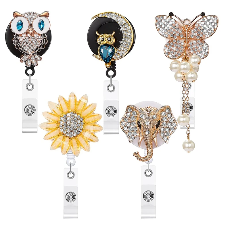 

5 Pieces Rhinestone Retractable Badge Reel Cute Animal Name ID Badge Reel Clip for Volunteer Nurse Teacher