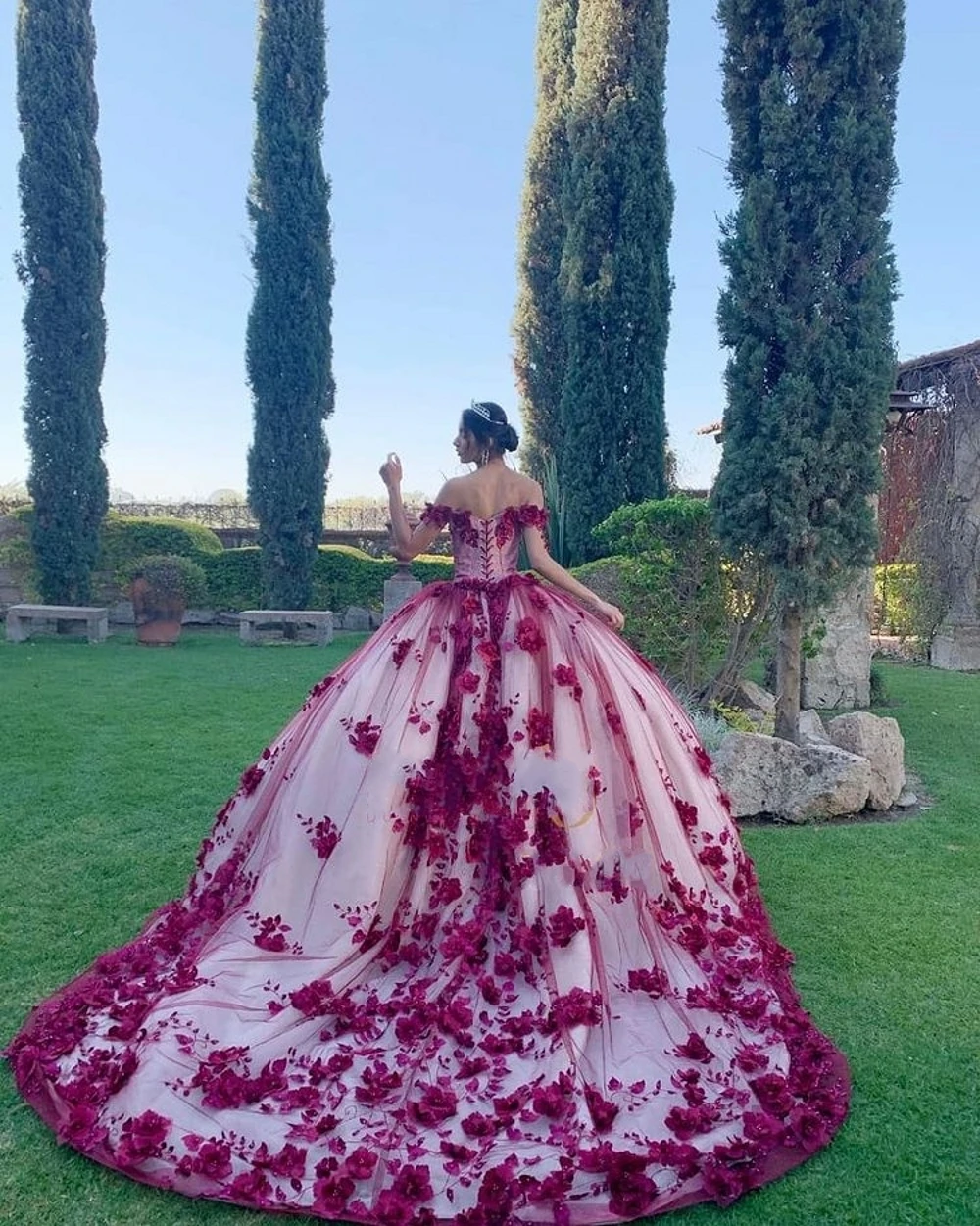 

2021 Dark Red Ball Gown Quinceanera Dresses 3D Flowers Beads Lace Applique Sweet 15 16 Dress Party Wear Xv Aos