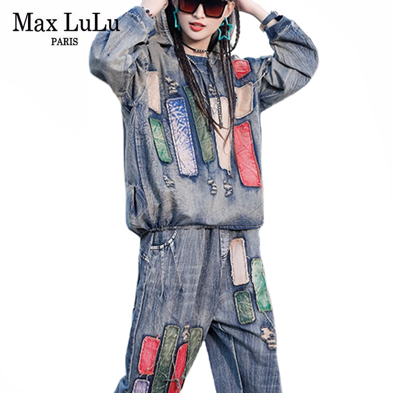 

Max LuLu New Spring British Fashion Women Denim Printed Two Pieces Sets Ladies Hooded Vintage Tops And Harem Pants Gothic Outfit
