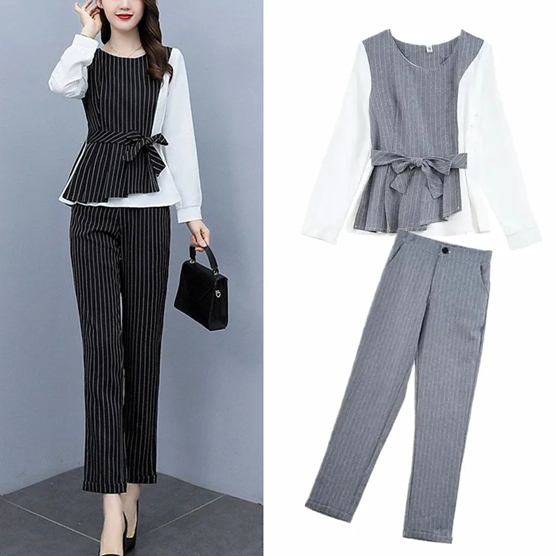 

Office Ladies Suits Style Women Elegant Bows Stripped Spliced Blouses Tops And Slim Pants Twinsets OL Grey Clothing Set NS320