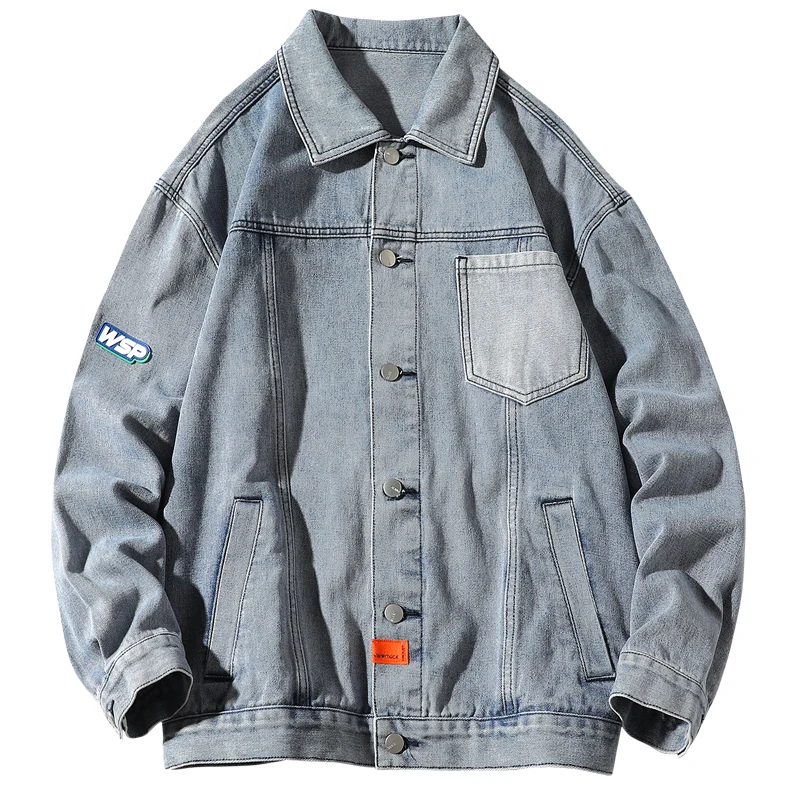 Мужская джинсовая куртка черная или синяя с отложным воротником и накладными