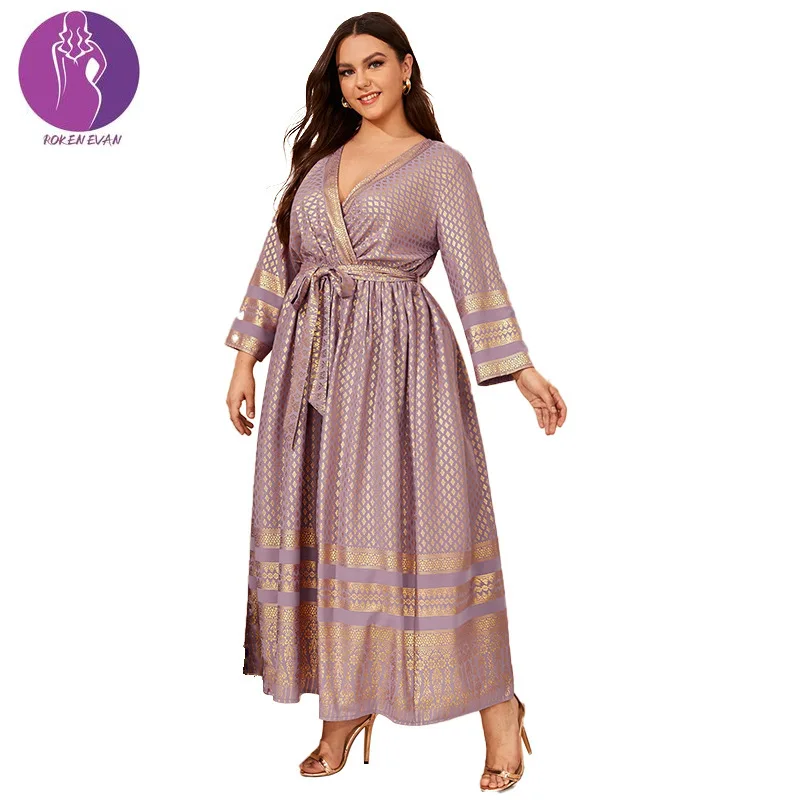 Roken Evan Plus Size Print Maxi Dress for Women Spring 2022 V Neck Long Sleeve Middle East Arab Oman Dubai Muslim Clothes Eid