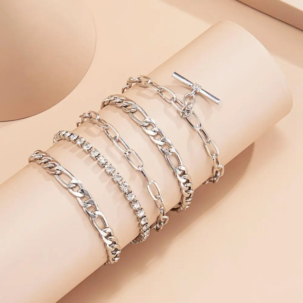 

IngeSight.Z 5Pcs/Set Rhinestone Crystal Chain Bracelet Bangles Curb Cuban Metal Strips Pendant Bracelets for Women Wrist Jewelry