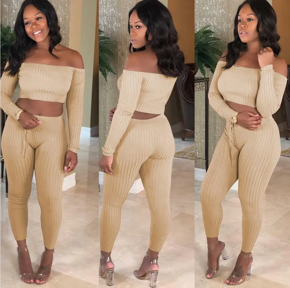 

2021 New Autumn Sexy Temperament Fashion Solid Color Sexy Women's Pit Strip Texture One-Shoulder Body Shaping Two-Piece Suit