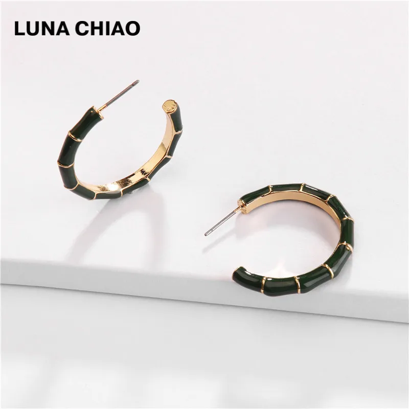 Green LUNA CHIAO Bamboo Дизайн большие серьги-кольца из металла модные эмалированные Серьги для женщин - Окраска металла: Green