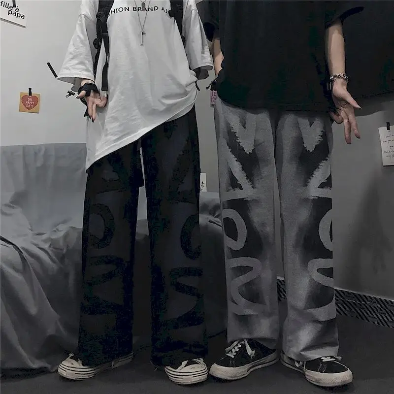 

pants for men and women summer Korean with Harajuku style retro letter graffiti loose straight wide-leg casual mopping pants