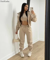 casual fitness set sporty sports winter woman jogger pant suits three piece tracksuit zip hoodies high waist sweatpants matching