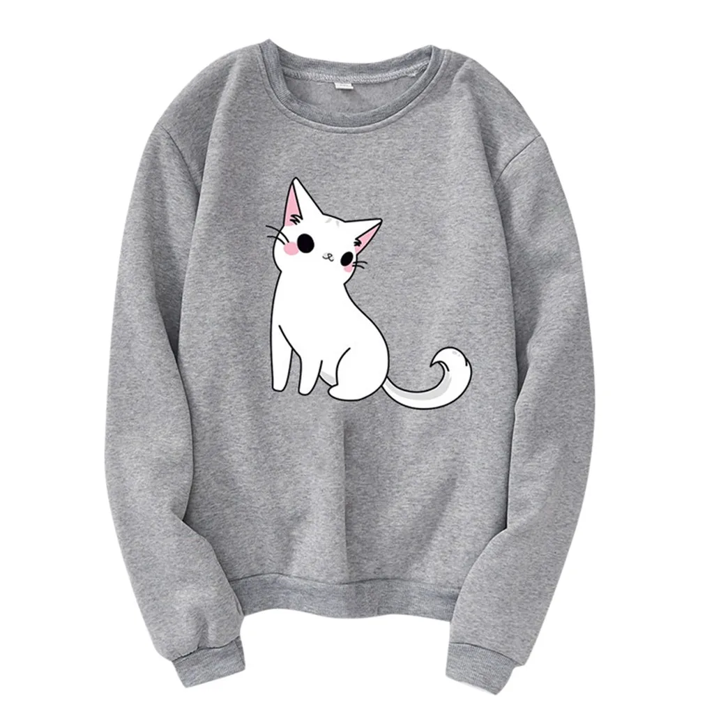 JAYCOSIN модная женская Свободная Толстовка с круглым вырезом и принтом кота длинным