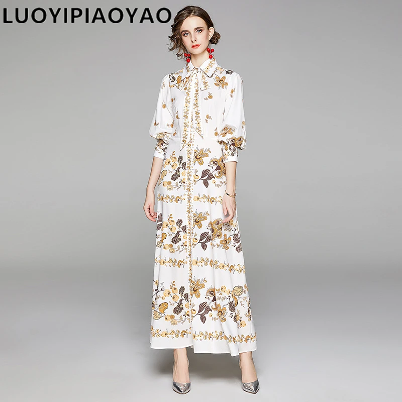 

Женское модельное Платье макси с длинным рукавом, Осеннее рождественское платье с отложным воротником и бантом, белое длинное платье с прин...