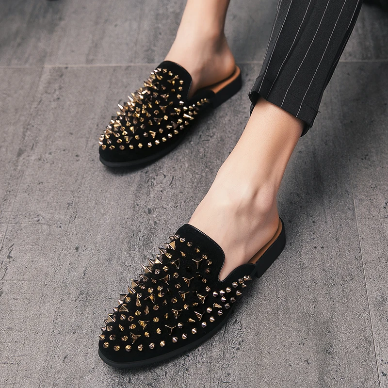 Роскошные Брендовые мужские лоферы с вышивкой Черные туфли со стразами и шипами