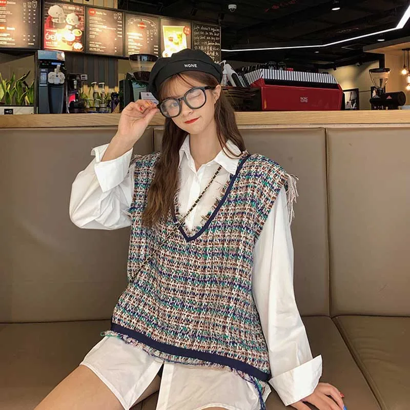 Клетчатый раздельный вязаный свитер, жилет, свободный крой, v-образный вырез, без рукавов, Женская Новая мода осень-зима, жилет