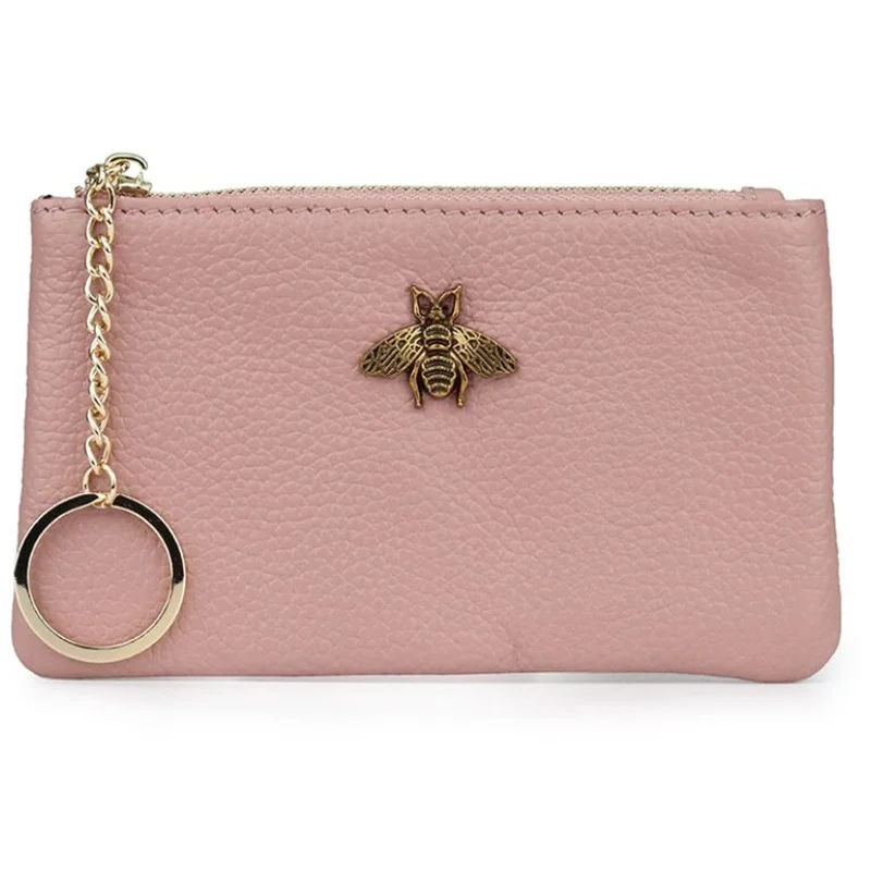

BEE LOVER Genuine Leather Women Mini Coin Purse Organizer Key Pouch Cowhide Keychain Holder Zipper Car Romote Pocket ID Card Bag