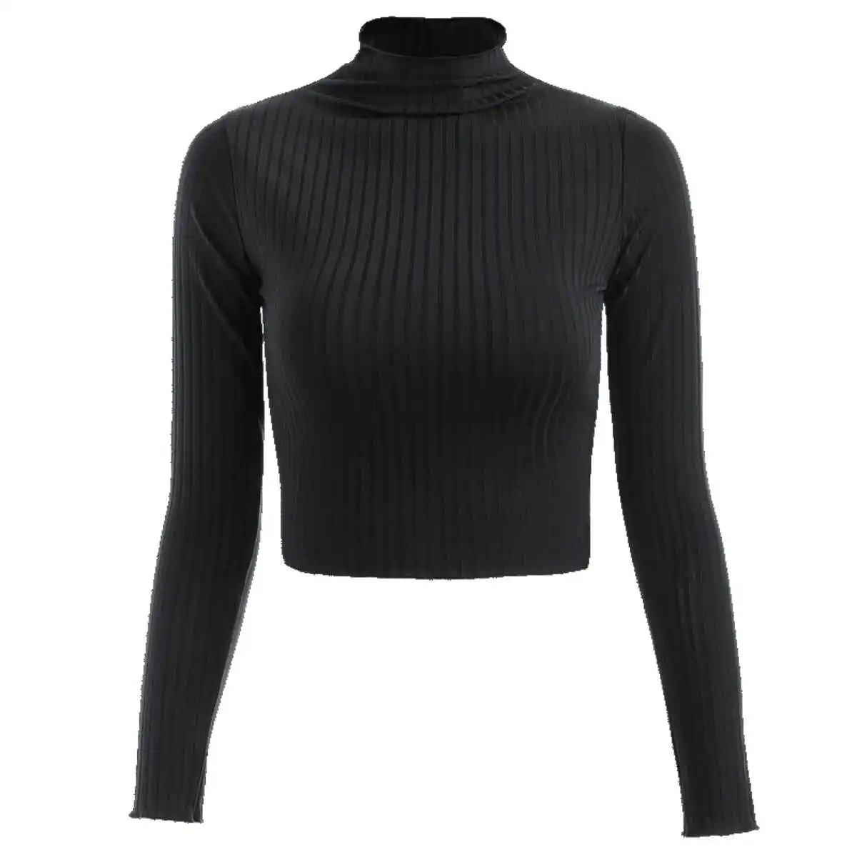 

Autumn and Winter 2020 Half High Collar Solid Color Long Sleeve Knitted T-shirt Slim Fit Women's Navel Top