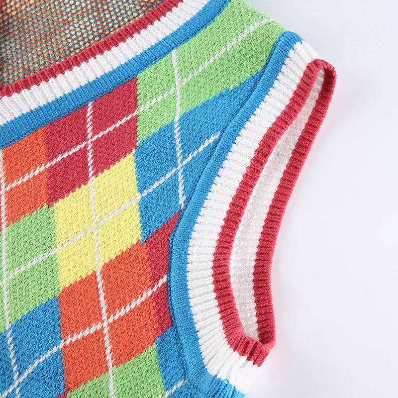 

Simple Preppy Argyle Sweater Vest 2020 Rhombus Knitted Sweaters Women Winter Autumn V-neck Contrast Color Pullover pull femme