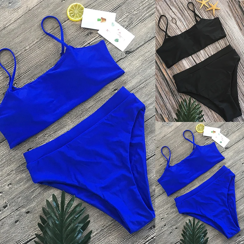 

Bikini Set Popular Sexy High Waist Bikini Swimsuit Polyester Swimming Suit Bikini Two Pieces Solid Swimwear Women Beachwear 2021