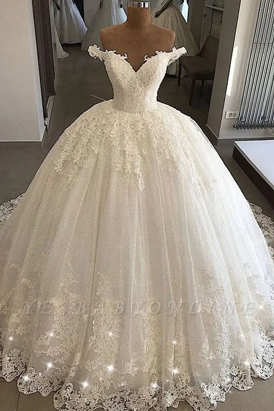 

New Arrivals Ball Gown Tulle Lace Wedding Dresses Charming Sweep Train Off the Shoulder Sweetheart Robe De Mariee