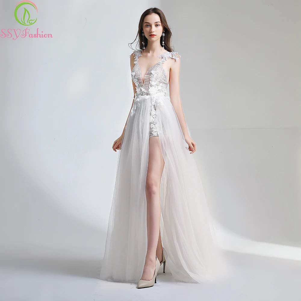 Женское вечернее платье SSYFashion белое кружевное с открытой спиной и V образным