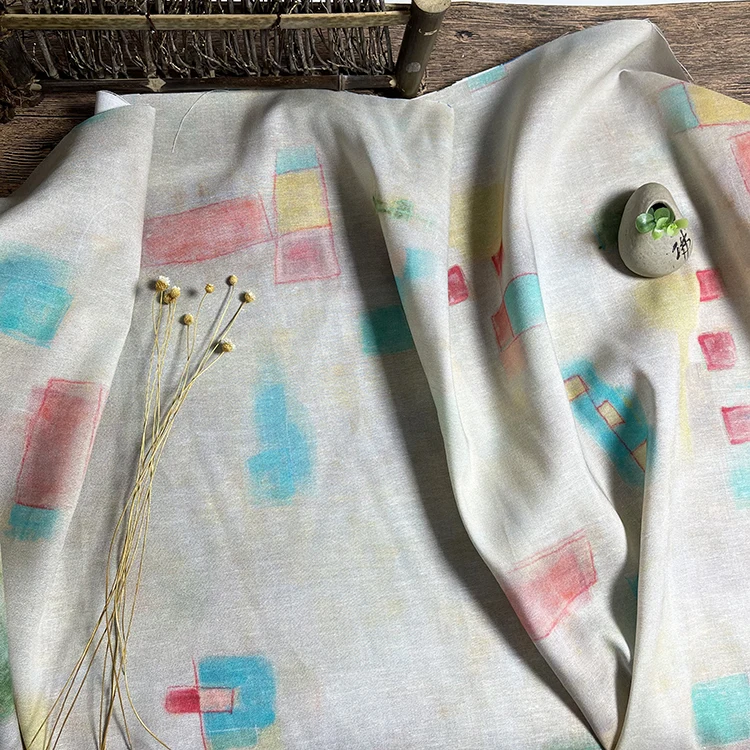 

Высококачественная ткань из пеньковой ткани, цветная квадратная печать, пэчворк, дизайнерская юбка на заказ, платье-рубашка, шитье