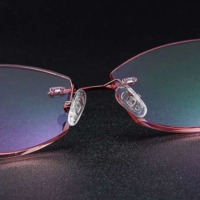 MASSENET Stylish Titanium Alloy Women's Rimless Diamond Trimming Cut Anti-Blue Ray Reading Glasses With Gradient Red Tint Z2853