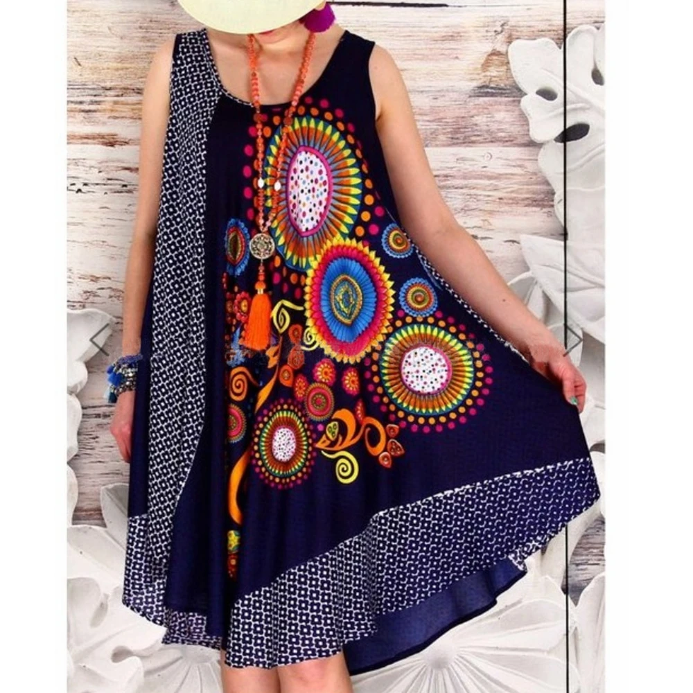 

Lugentolo Summer Dress Women Plus Size Fashion Print Sleeveless Round Neck Tank A-line Casual Dress