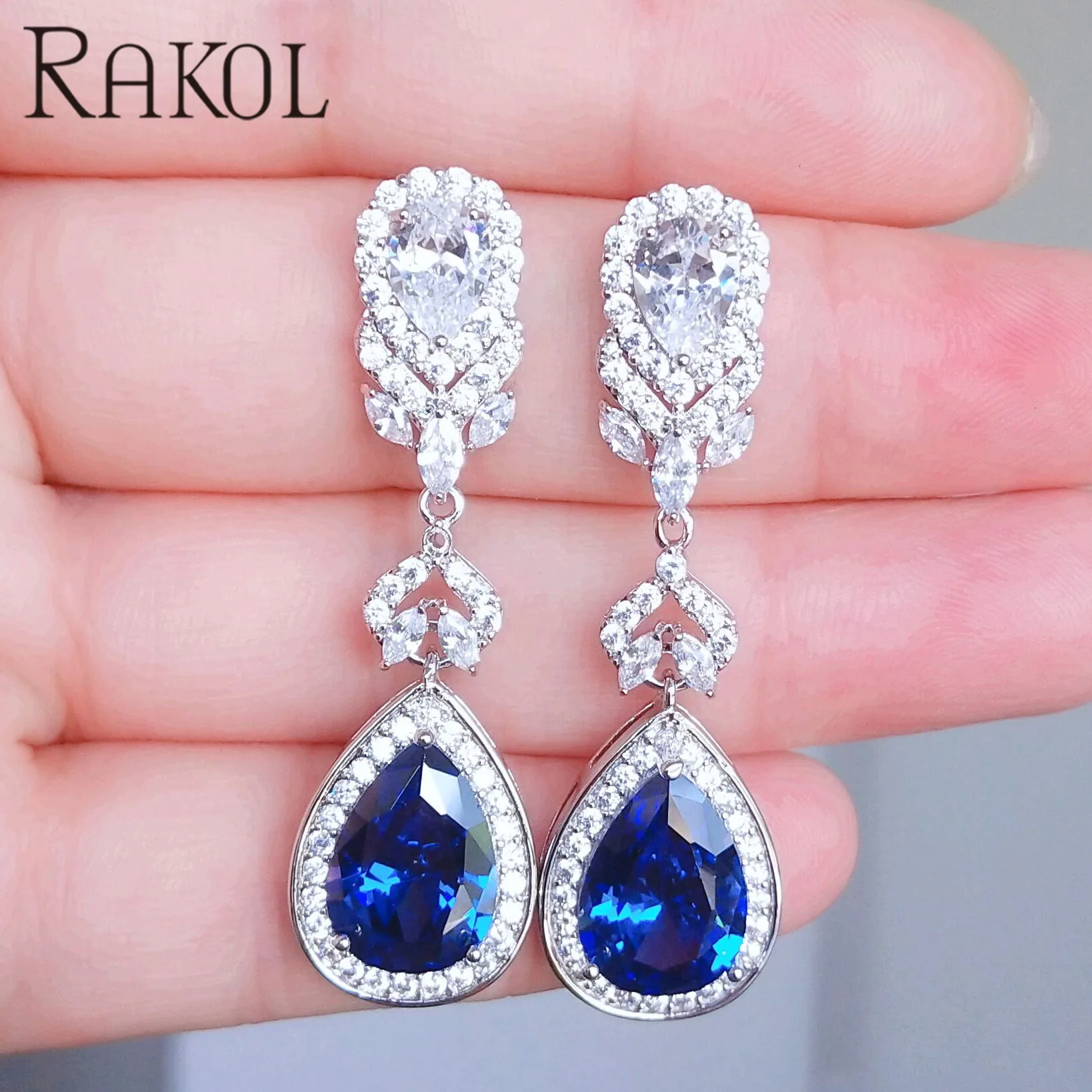 Женские Висячие серьги с фианитом RAKOL синие каплями воды для свадебного обеда