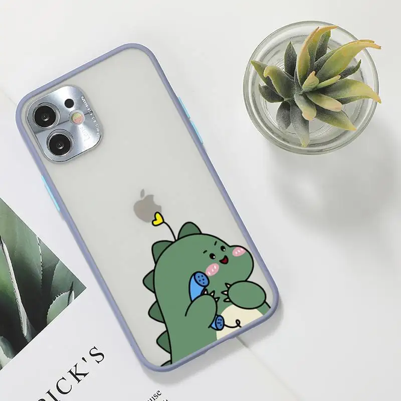 

Cute Cartoon Animal Dinosaur Couple Phone Case For iPhone 12 11 Mini Pro XR XS Max 7 8 Plus X Matte transparent Gray Back Cover