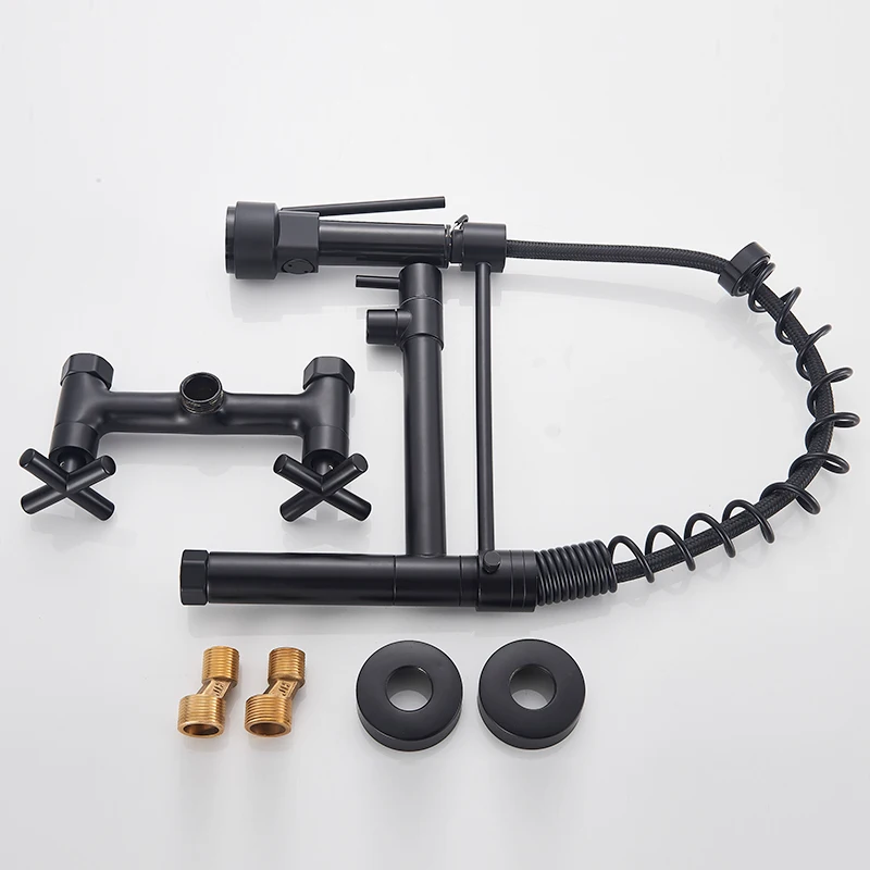 

Matte Black Wall Mounted Kitchen Faucet Hot Cold Water Mixer Tap For Kitchen Pull Down Spray 360 Rotation Kitchen Mixer Taps