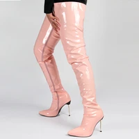 boots pointy toe metal thin high heel shoes 2022 autumn winter sexy stiletto over the knee boots patent upper side zip 10 5