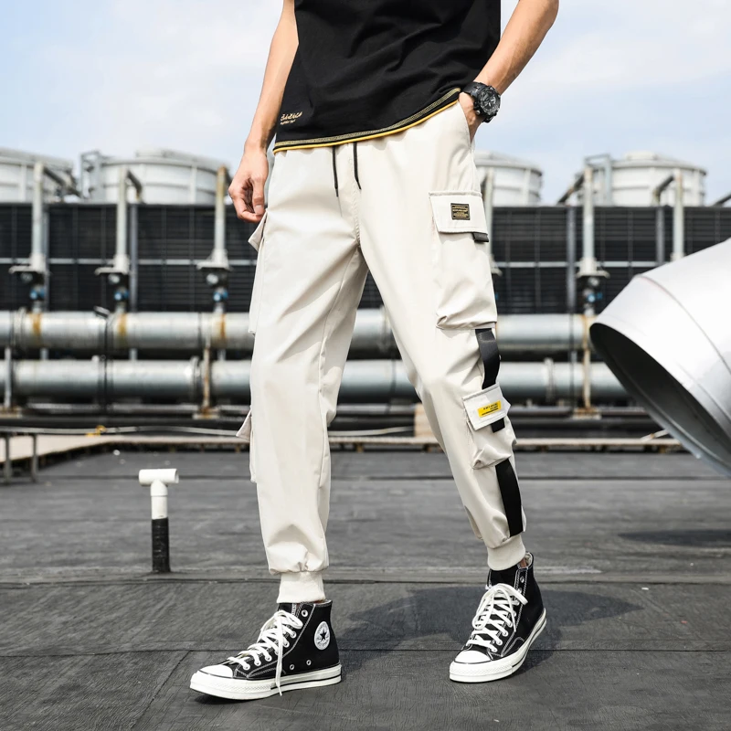 

Men's Side Pockets Cargo Harem Pants 2021 Ribbons Black Hip Hop Casual Male Joggers Trousers Fashion Casual Streetwear Pants