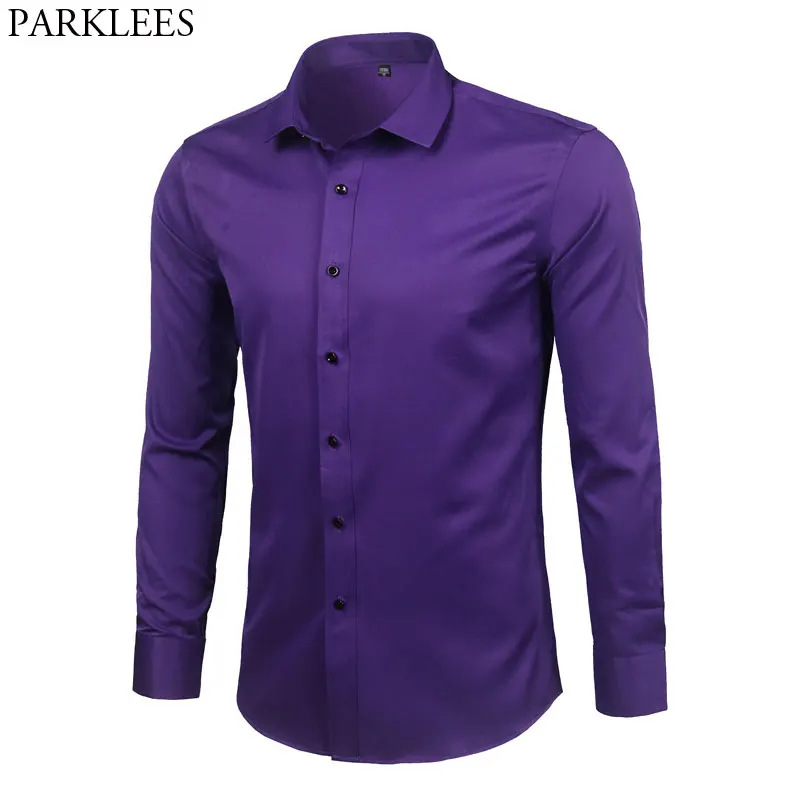 Purple Men's Bamboo Fiber Dress Shirt 2023 Brand New Slim Fit Long Sleeve Chemise Homme Non Iron Easy Care Formal Shirt For Men