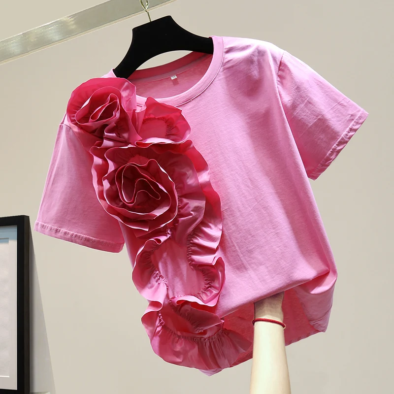 

Heavy Industry Three-dimensional Flower T-shirt Female 2021 Summer Korean Fashion Cool Stitching Ruffled Shirt Ladies Tops Tees