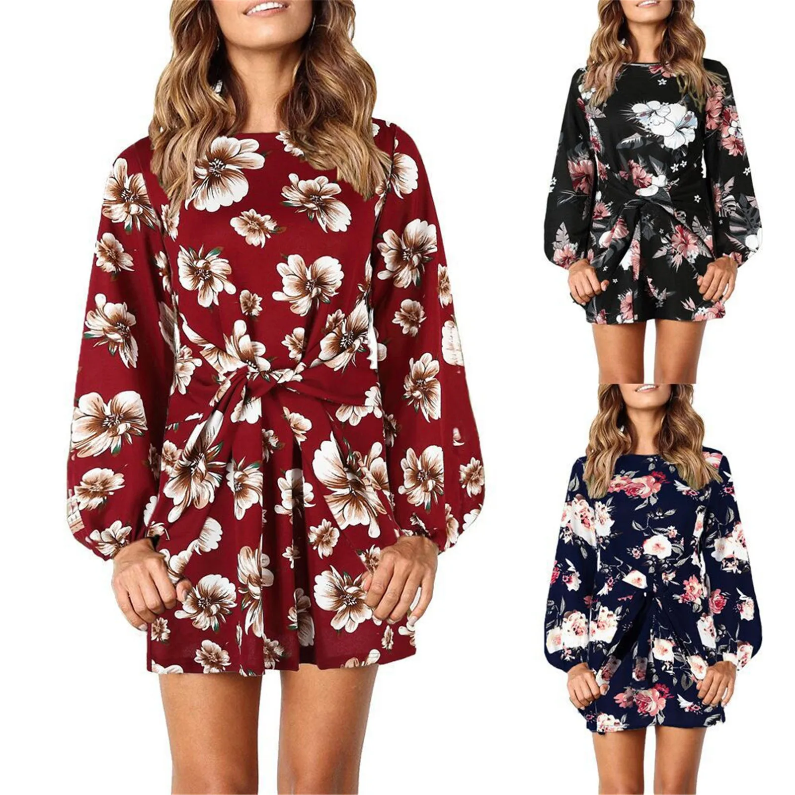 

58# Vintage Floar Print Dress Women Long Sleeve O-Neck Bandage Puff Sleeve Knitted Tunic Dress manga larga vestidos dresses