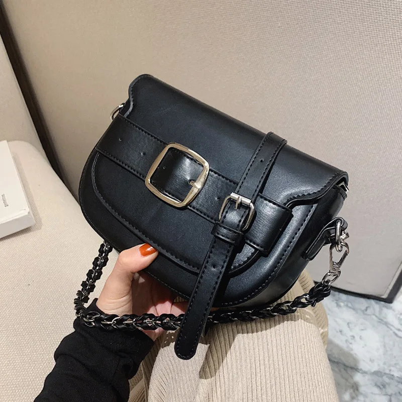 

Simple Solid Color Pu Leather Mini Saddle Crossbody Bag Fashion 2021 Spring Shoulder Chain Purses and Handbags Luxury Designer