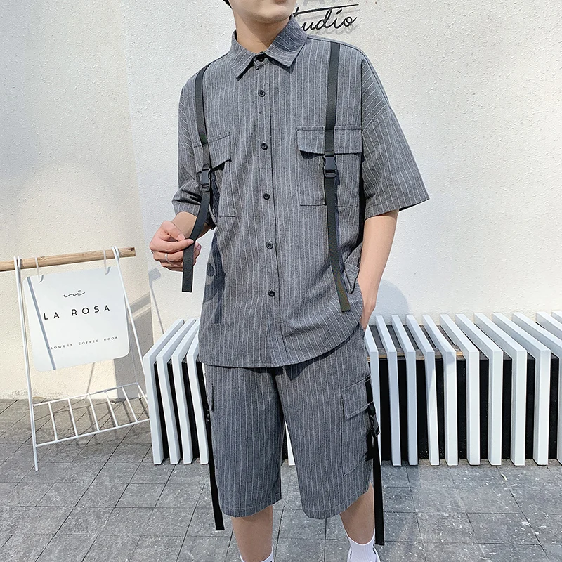 Рубашка мужская с карманами спереди и шорты в полоску размеры до 3XL|Мужские