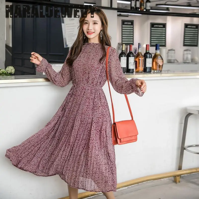 Женское шифоновое платье трапеция Элегантное Длинное с воротником стойкой и