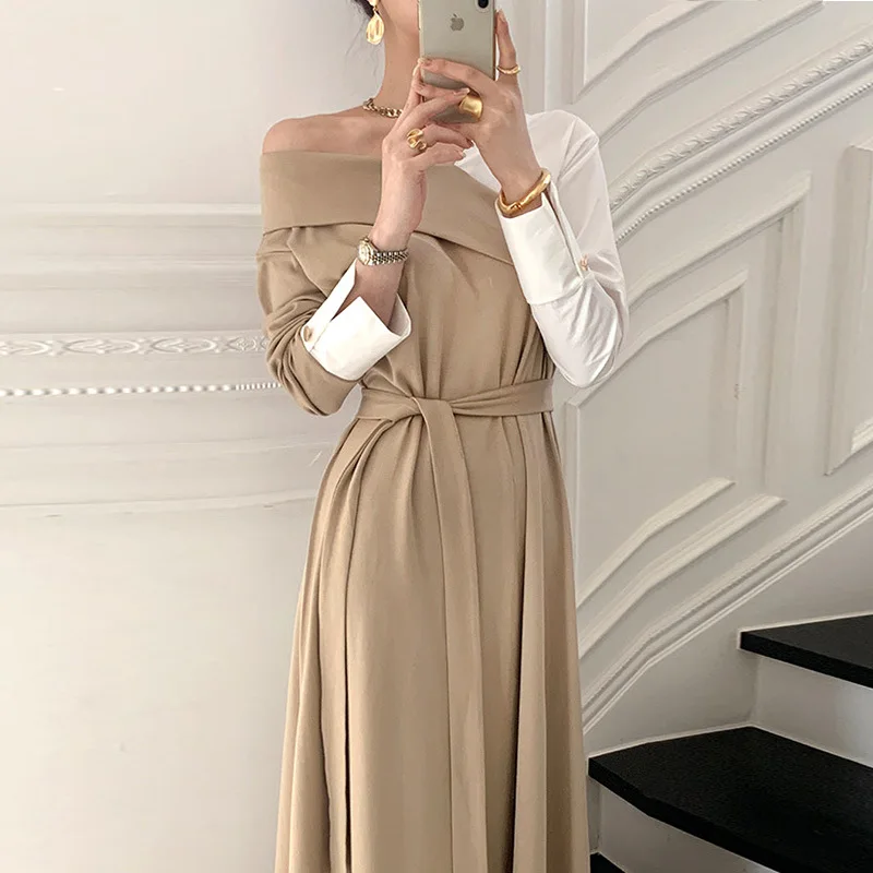 

2020 Autumn Winter Female New Loose Casual V-Neck Patchwork Panelled Long Sleeve Minimalist Lace Up A-Line Dress 8Q390