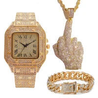 iced out watch necklace bracelet for men luxury diamond gold square watch men bling hip hop jewelry middle finger pendant chain