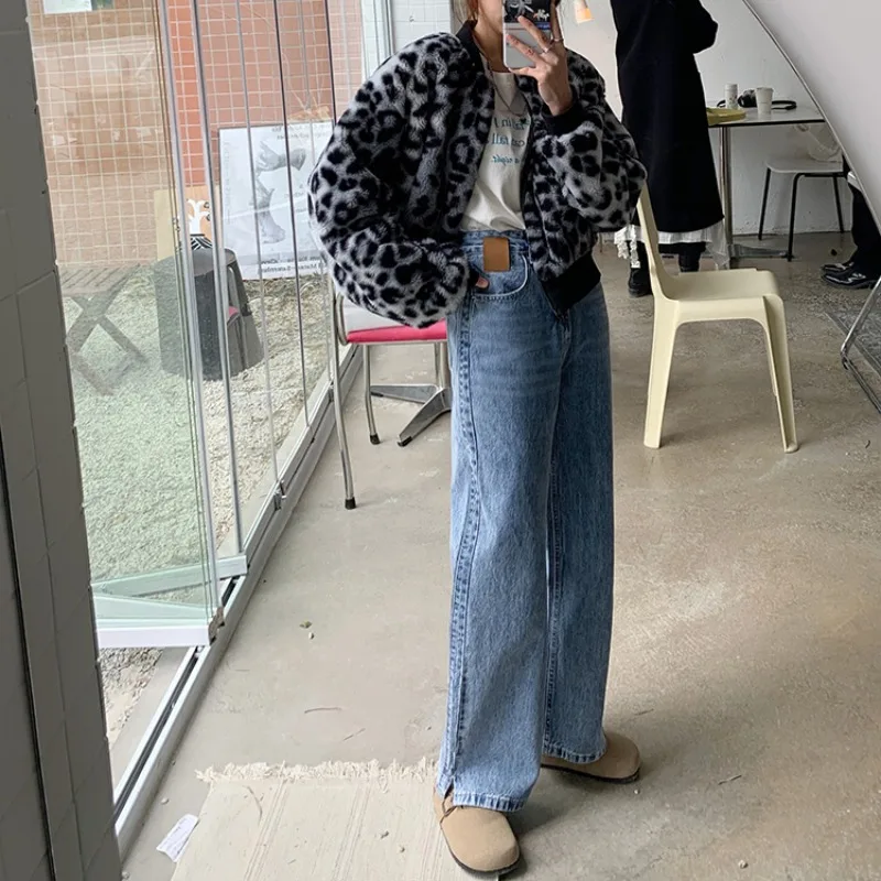 

Women's Jeans 2021 New Korean Style High Waist Slimming Loose Drooping Mop Pants Small Split Retro Straight-Leg Trousers