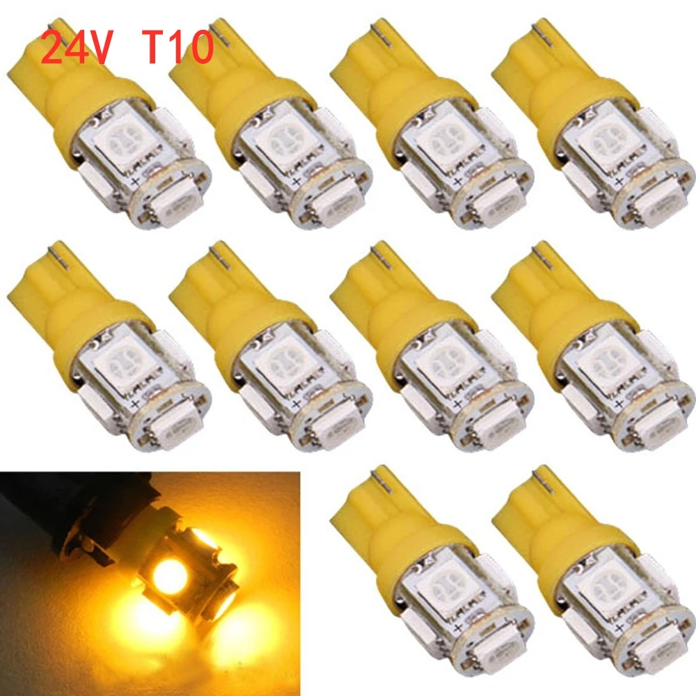 

10Pcs Yellow T10 W5W 5050 5SMD 168 194 192 DC 24V License Plate Led Bulbs For Car Interior Lights Reading Light Trunk Light Bulb