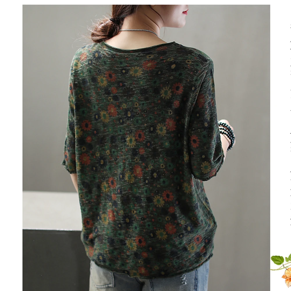 

Lugentolo Summer Womens T Shirt Fashion Flower Printed Round Neck Loose Half Sleeve Knitted Cotton Casual Tshirt
