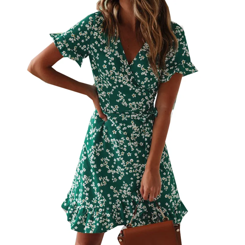 

Ruffle Short Sleeve A Line Mini Dress Wrap Sundress Robe Women Dresses Summer 2021 Sexy V Neck Floral Print Boho Beach Dress
