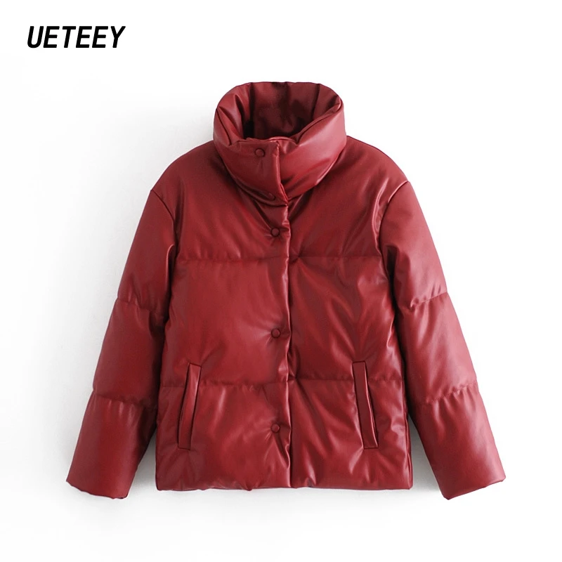 

Женские парки из искусственной кожи, красные толстые пальто большого размера с длинным рукавом, теплая Повседневная Верхняя одежда из иску...