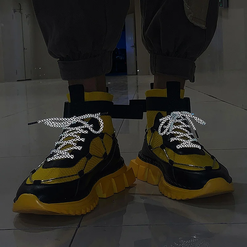 

New Arrival Reflective Yellow Men Chunky Sneakers Running Big Size 47 Sport Sock Boots Men Breathable High Top Sneakers Men 2020