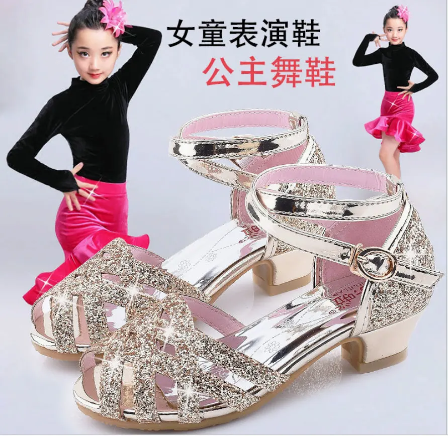 Туфли детские кожаные с цветочным узором на высоком каблуке золотистые розовые