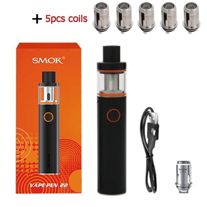 Smok Vape Pen 22 комплект со встроенным аккумулятором 1650 мАч Vape Pen 22 резервуар Ом двухъядерный светодиодный электронная сигарета испаритель - Цвет: Black and 5 coils
