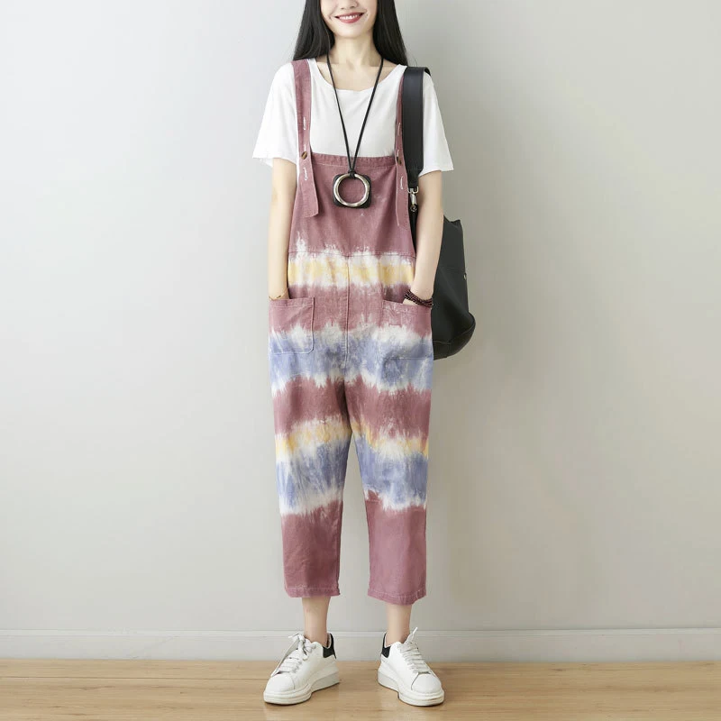 

Штаны с подтяжками «вареный» комбинезон для женщин с открытой спиной технике Tye-Die комбинезон женский свободный Цвет блок ремень комбинезон...