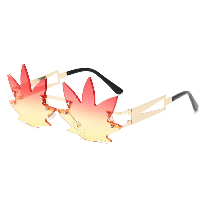 

New Unique Rimless Maple Leaf Shape Sunglasses Women Men Irregular Metal Sun Glasses Fashion Gold Leg Shades UV400 Eyewear 2021