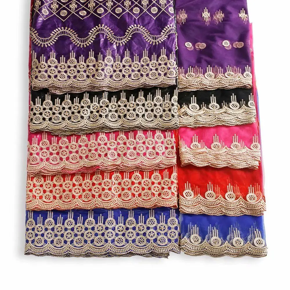 

Satin Fabric and French Lace Fabric 5+2 yards Bazin Riche Lace embroidered golden pattern with beads African dress Lace Fabric
